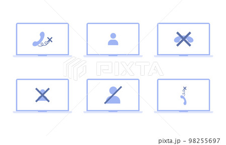 No signal or lost connection. Set of illustrations with different icons on a laptop No signal or lost connection. Set of illustrations with different icons on a laptop 98255697