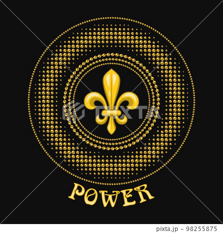 Round carnival Mardi Gras yellow colored pattern meaning power. Beads, fleur de lis symbol, text. Halftone style. For prints, clothing, apparel, t shirt, surface design. Vintage style Round carnival Mardi Gras yellow colored pattern meaning power. Beads, fleur de lis symbol, text. Halftone style. For prints, clothing, apparel, t shirt, surface design. Vintage style 98255875