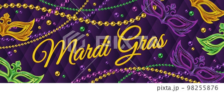 Horizontal carnival poster with masks, string of beads, text. Classic volume rhombic grid on background. Ticket, invitation design for Mardi Gras carnival, party in vintage style Detailed illustration Horizontal carnival poster with masks, string of beads, text. Classic volume rhombic grid on background. Ticket, invitation design for Mardi Gras carnival, party in vintage style Detailed illustration 98255876