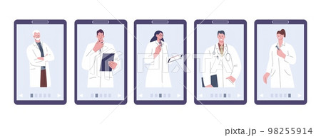 Doctors on smartphone screen. Medical app, choose your doctor. Various medical professionals avatars, hospital team. Cartoon vector clinic online Doctors on smartphone screen. Medical app, choose your doctor. Various medical professionals avatars, hospital team. Cartoon vector clinic online 98255914