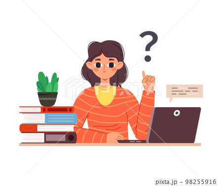 Cartoon student looking answers in books and computer. Teen girl has questions, young adult education or study. Teenager think vector character 98255916