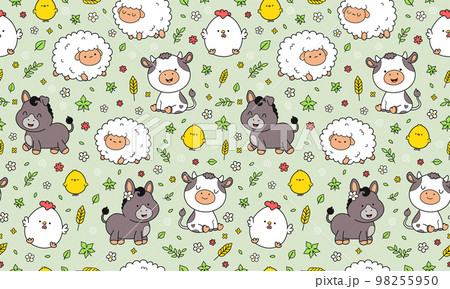 Cute funny farm animals seamless pattern,wallpaper,background.Vector hand drawn doodle cartoon kawaii character illustration. Donkey,lamb,chicken,cow cartoon kawaii seamless pattern art concept Cute funny farm animals seamless pattern,wallpaper,background.Vector hand drawn doodle cartoon kawaii character illustration. Donkey,lamb,chicken,cow cartoon kawaii seamless pattern art concept 98255950