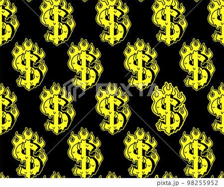 Dollar symbol burn in fire seamless pattern .Vector cartoon graphic illustration wallpaper background design.Dollar,money burn,fire print seamless pattern 98255952