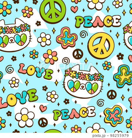 Cute cat,peace hippie symbol in flower seamless pattern. Vector hand drawn kawaii trendy cartoon illustration.Hippie cat,60s,70s,groovy fashion print seamless pattern concept 98255979