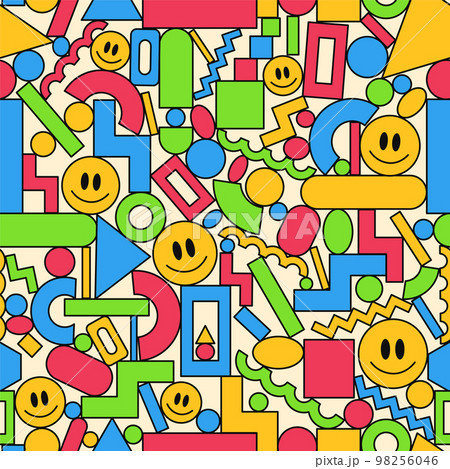 Funny smile face and geometry figure seamless pattern wallpaper. Vector hand drawn doodle 90s style cartoon character illustration. 80s,70s Abstract geometry seamless pattern print 98256046