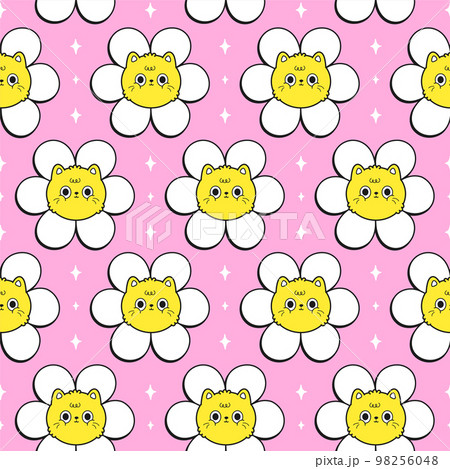 Cute funny kawaii cat face in flower seamless pattern art.Vector cartoon kawaii character illustration design.Positive vintage smile face,cat,kittie,flower seamless pattern concept 98256048