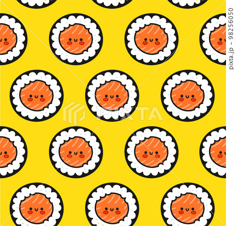 Cute funny asian japanese sushi character seamless pattern. Vector hand drawn cartoon kawaii character illustration icon. Cute kawaii sushi,Japan asia food cartoon seamless pattern concept 98256050