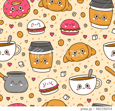Cute funny coffee seamless pattern,wallpaper,background.Vector hand drawn doodle cartoon kawaii character illustration logo. Cute happy coffee cup,donut cartoon kawaii seamless pattern art concept 98256054