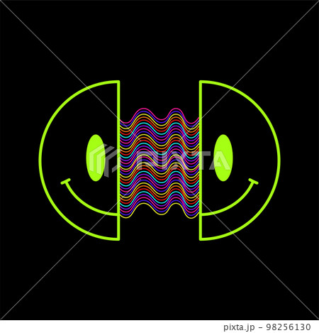 Two half of smile face. Vector modern neon digital style cartoon character illustration.Smile face,techno,trippy print for t shirt,tee,poster,sticker concept 98256130