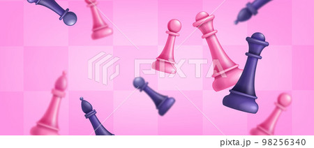3D chess game background, pink board, tournament announcement vector banner, queen gambit, bishop. 3D chess game background, pink board, tournament announcement vector banner, queen gambit, bishop. 98256340