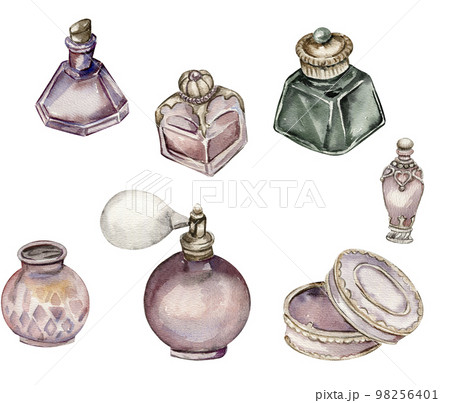 Watercolor illustration set of an old glass bottles with perfume. An old rusty enamel element. Hand-drawn in watercolour on a white background. Perfect for wedding invitation, greetings card, posters. 98256401