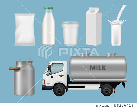 Dairy products. Containers for liquid milk food cans jars glass bottles decent vector realistic template collection 98256413