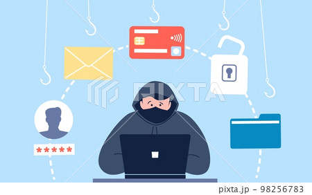 Hacker attack, cracker protection and fraud email money and data. Phishing and cyber scam, personal information thefts, recent vector scene 98256783