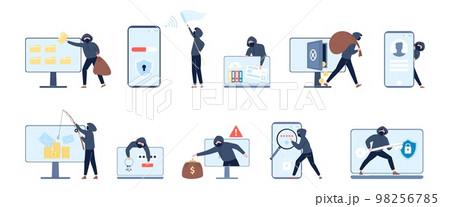 Hackers characters phishing security personal data. Hacker hack web information, phone scam and danger attack at mobile bank recent vector scenes 98256785