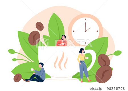 Coffee time scene with tiny people and giant cup of hot beverage. Lunch, breakfast or break in office. Person drink and resting, recent vector concept 98256798