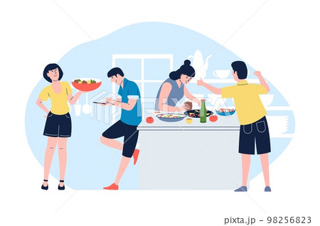 Friends cooking together. Happy weekend, family on kitchen cook dinner with fresh vegetables. Flat people on culinary workshop, vector concept 98256823