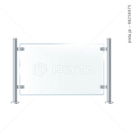 Glass or plexiglass fence with banisters. Architectural guardrail for balcony or office terrace. 98256975