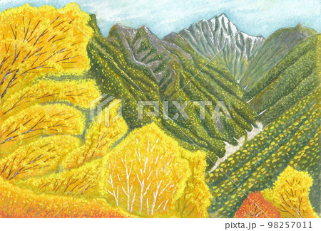 日本の秋　紅葉の南アルプス林道からの絶景　奥に甲斐駒ヶ岳　両側に鋸岳、駒津峰 98257011