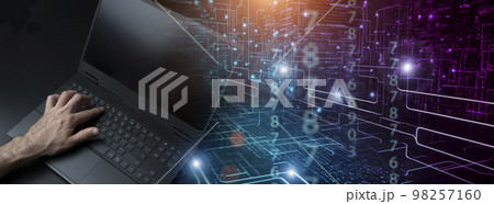 Big data technology background. Using a laptop against the background of visualization of a computer internet network, social connection, analytics, information. 98257160