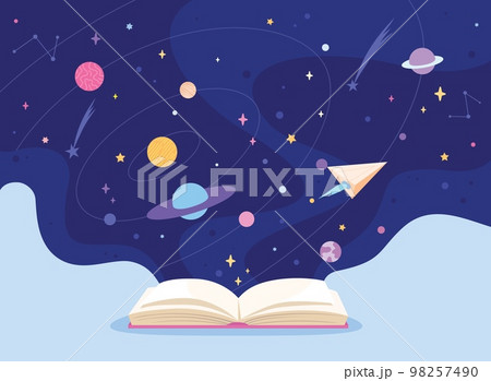 Cosmos book imagination. Storybook night universe for children science astronomy learning or magic space fairytale earth planet and alien ship, fantasy textbook vector illustration Cosmos book imagination. Storybook night universe for children science astronomy learning or magic space fairytale earth planet and alien ship, fantasy textbook vector illustration 98257490