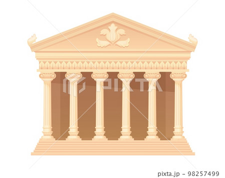 Greek temple. Ancient acropolis parthenon building or roman house law and justice court, rome palace architecture with marble columns stone structure, ingenious vector illustration 98257499