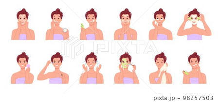 Women cleaning skin. Woman face purity, steps facial clean, skincare infographic, healthy feminine beauty tonic oilwash dropper scrub toner cosmetology, swanky vector illustration Women cleaning skin. Woman face purity, steps facial clean, skincare infographic, healthy feminine beauty tonic oilwash dropper scrub toner cosmetology, swanky vector illustration 98257503