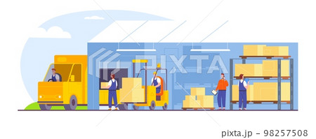Forklift loading pallet in truck. Warehouse loading power lift driver, lorry center cargo delivery distribution logistic loaded car on storage platform splendid vector illustration Forklift loading pallet in truck. Warehouse loading power lift driver, lorry center cargo delivery distribution logistic loaded car on storage platform splendid vector illustration 98257508
