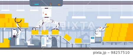 Automated warehouse conveyor. Factory packing process or boxes sorting on production line, parsel goods packaging automation roller belt robot machine, splendid vector illustration 98257510