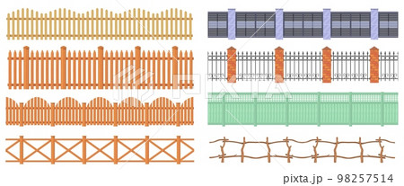 Seamless wooden fences. Cartoon wood fence pattern, long outdoor house fencing or farm livestock barrier, pole wall border garden enclosure with riling, neat vector illustration 98257514