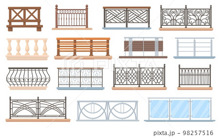 Balcony railing. Wooden and stainless railings house fencing architecture, decorative handrail terrace glass balustrade metal banister of vintage exterior, neat vector illustration Balcony railing. Wooden and stainless railings house fencing architecture, decorative handrail terrace glass balustrade metal banister of vintage exterior, neat vector illustration 98257516