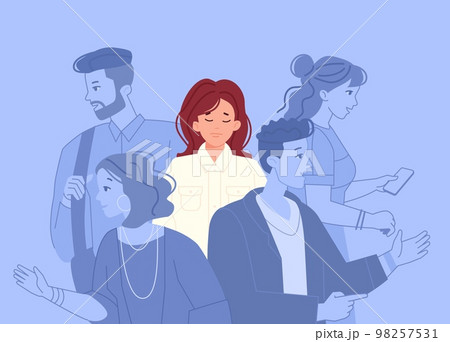 Woman outcaste. Lonely girl in indifferent crowd, depressed child alone at social communicating silhouettes, depressed female emotional mental solitude concept vector illustration 98257531