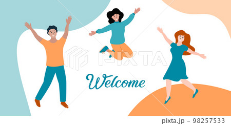 Welcome banner. Happy young people jumping and smiling. Friends together. Horizontal banner for website with text Welcome. Vector illustration 98257533