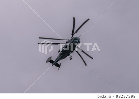 Russia. Kronstadt. July 31, 2022. A flight of Ka-27M helicopters at the naval parade. Russia. Kronstadt. July 31, 2022. A flight of Ka-27M helicopters at the naval parade. 98257598