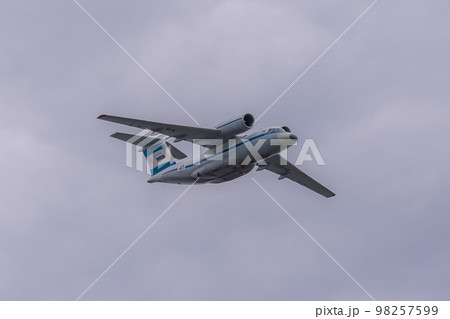 Russia. Kronstadt. July 31, 2022. A flight of AN-72 aircraft at the naval parade. Russia. Kronstadt. July 31, 2022. A flight of AN-72 aircraft at the naval parade. 98257599
