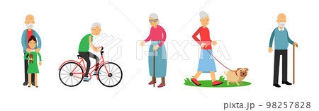Senior Man and Woman on Retirement Spending Free Time Engaged in Hobby Activity Vector Set 98257828