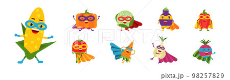Funny Juicy Vegetables in Superhero Cloak and Cape Vector Set 98257829