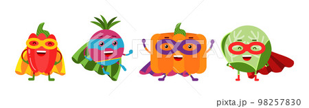 Funny Juicy Vegetables in Superhero Cloak and Cape Vector Set 98257830