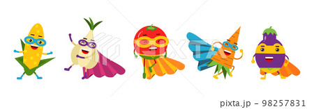 Funny Juicy Vegetables in Superhero Cloak and Cape Vector Set Funny Juicy Vegetables in Superhero Cloak and Cape Vector Set 98257831