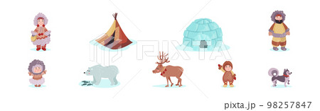 Alaska with Happy Inuit or Eskimo Character, Animals and Igloo Vector Set 98257847