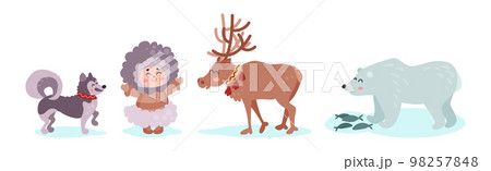Alaska with Happy Inuit or Eskimo Girl Character and Animals Vector Set 98257848