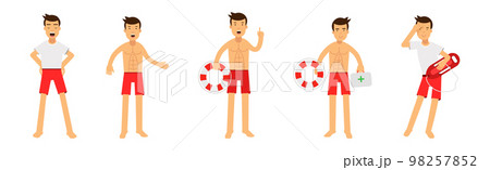 Man Beach Lifeguard in Red Swimwear Engaged in Rescue Vector Set 98257852