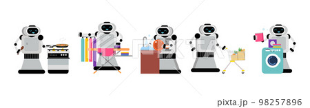 Robot Doing Housework Cleaning and Housekeeping Vector Set Robot Doing Housework Cleaning and Housekeeping Vector Set 98257896