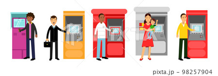 People Characters at ATM Machine Making Payment and Getting Cash Vector Set 98257904