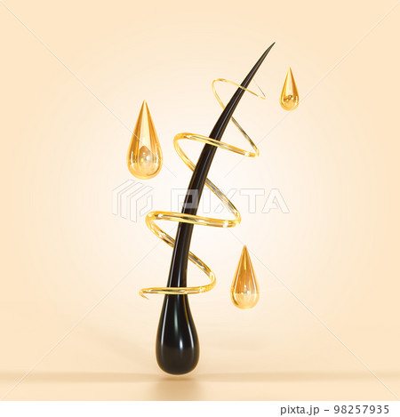 Hair follicle oil cosmetics with spiral and drops gold liquid, keratin or serum on beige background 3d render. Treatment and repair of damaged hair structure, mockup ad promo banner 98257935