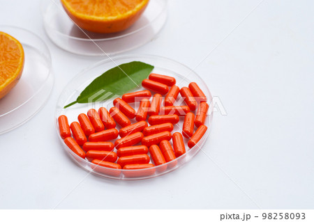 Vitamin C with  fresh orange citrus fruit isolated on white background. 98258093