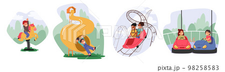 Set of Children Having Fun in Amusement Park. Little Girls and Boys Characters Riding Roller Coaster, Slides, Bump Cars Set of Children Having Fun in Amusement Park. Little Girls and Boys Characters Riding Roller Coaster, Slides, Bump Cars 98258583
