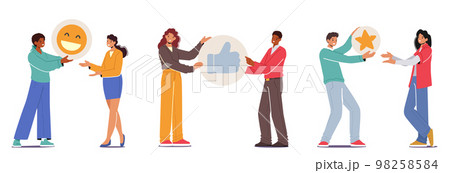 Virtual Communication In Networks Concept. Male and Female Character Share Like, Smile and Heart Icons in Network Virtual Communication In Networks Concept. Male and Female Character Share Like, Smile and Heart Icons in Network 98258584