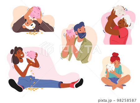 Set of Male and Female Characters Shaking Piggy Bank, Concept of Poverty, Savings, Budget, Finance Investment 98258587