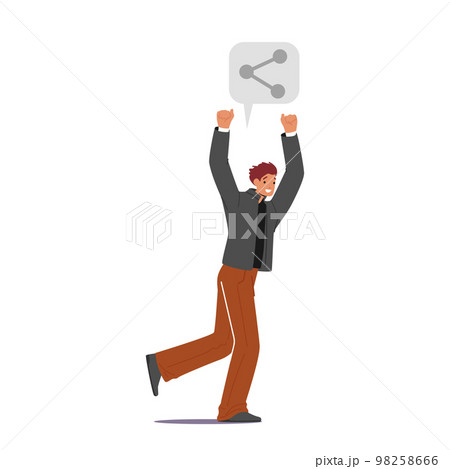 Male Character with Share Link Icon above Head Isolated on White Background. Sharing Info in Network, Refer a Friend Male Character with Share Link Icon above Head Isolated on White Background. Sharing Info in Network, Refer a Friend 98258666