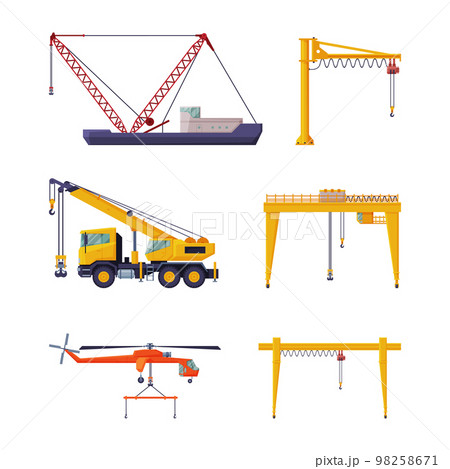 Set of construction and industrial cranes. Construction and cargo crane, heavy special machinery flat vector illustration 98258671